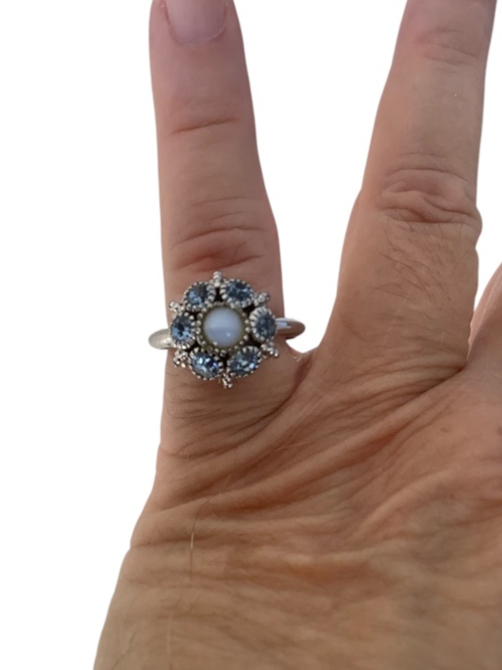 Avon Silver Tone Pearl & Blue Stone floral ring